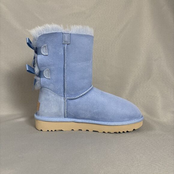 Womens Ugg Boots Bailey Bow Whisper Blue Suede Sheepskin Coquette Very RARE Sz 6 - Picture 11 of 16